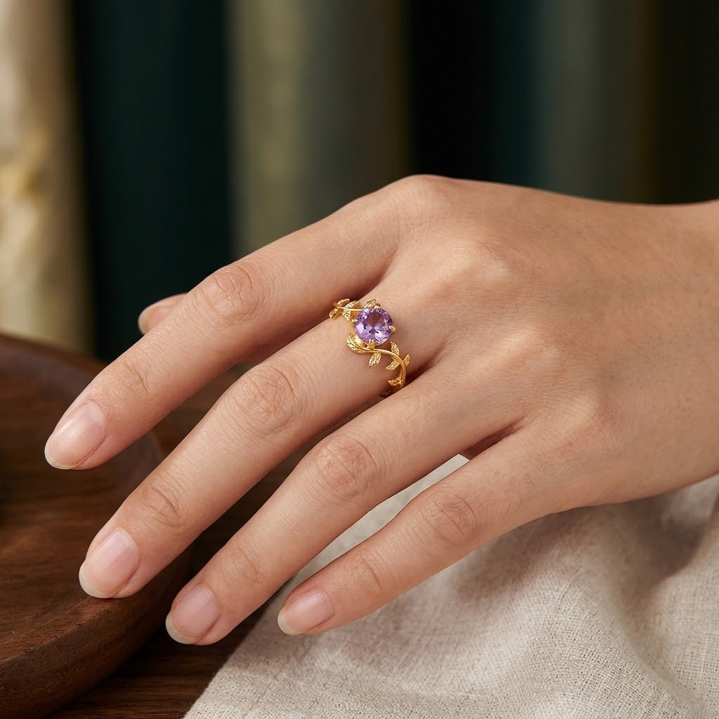 18K Gold Plated 925 Sterling Silver Natural Amethyst/Agate Ring - Agatha