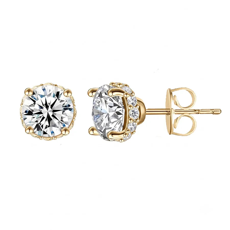 A pair of yellow gold stud earrings with round brilliant-cut clear gemstones, one shown from the front and the other from the side displaying the post and butterfly back.