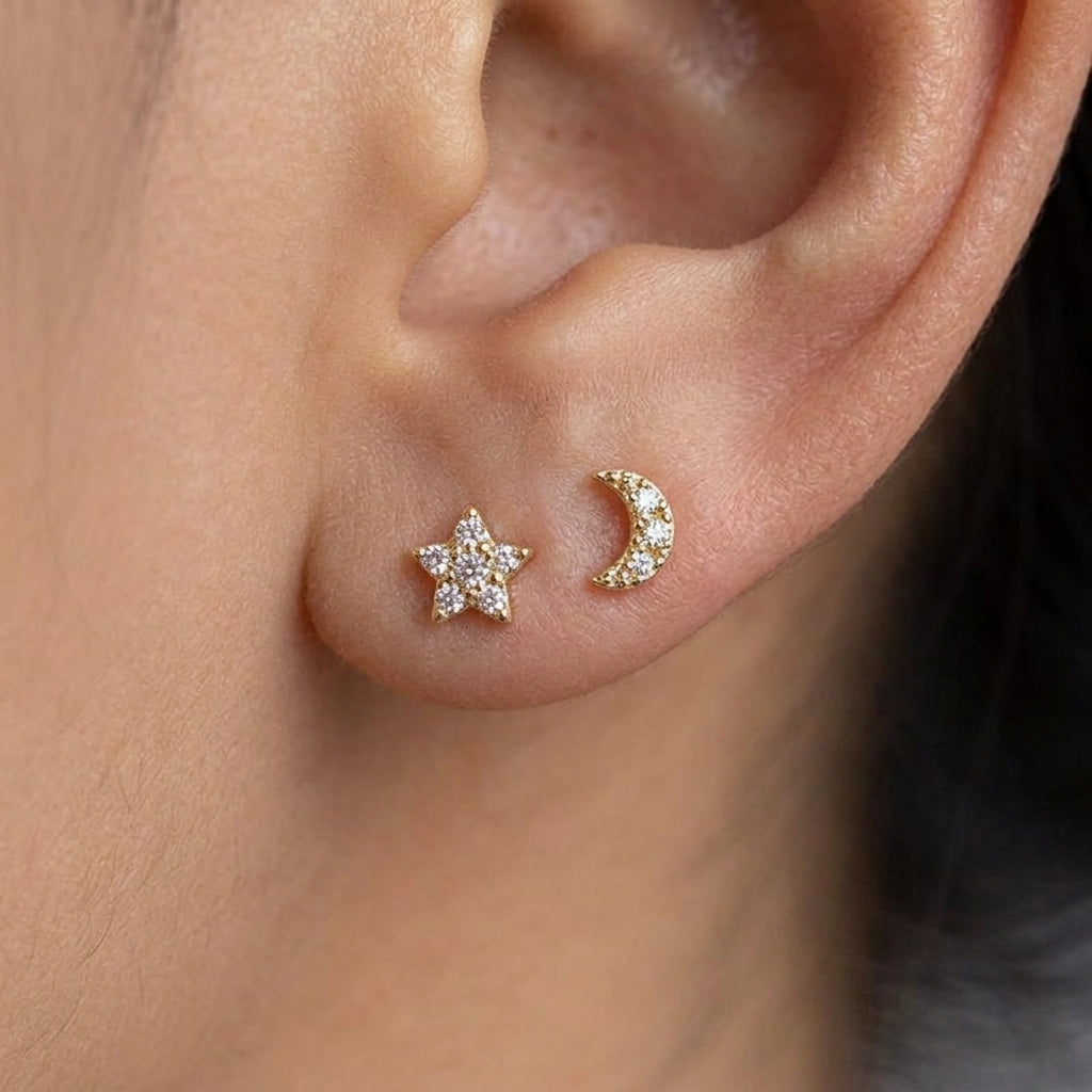 18K Gold Plated 925 Sterling Silver Moon/Star Stud Earrings - Celeste