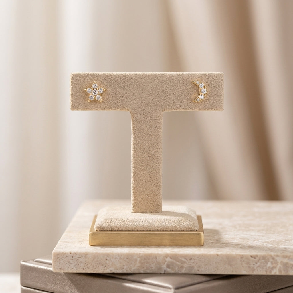 18K Gold Plated 925 Sterling Silver Moon/Star Stud Earrings - Celeste