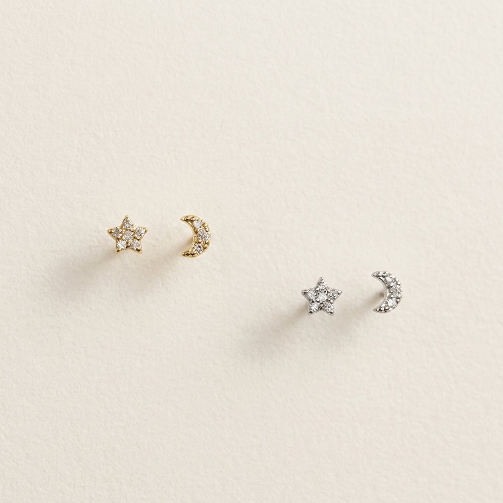 18K Gold Plated 925 Sterling Silver Moon/Star Stud Earrings - Celeste