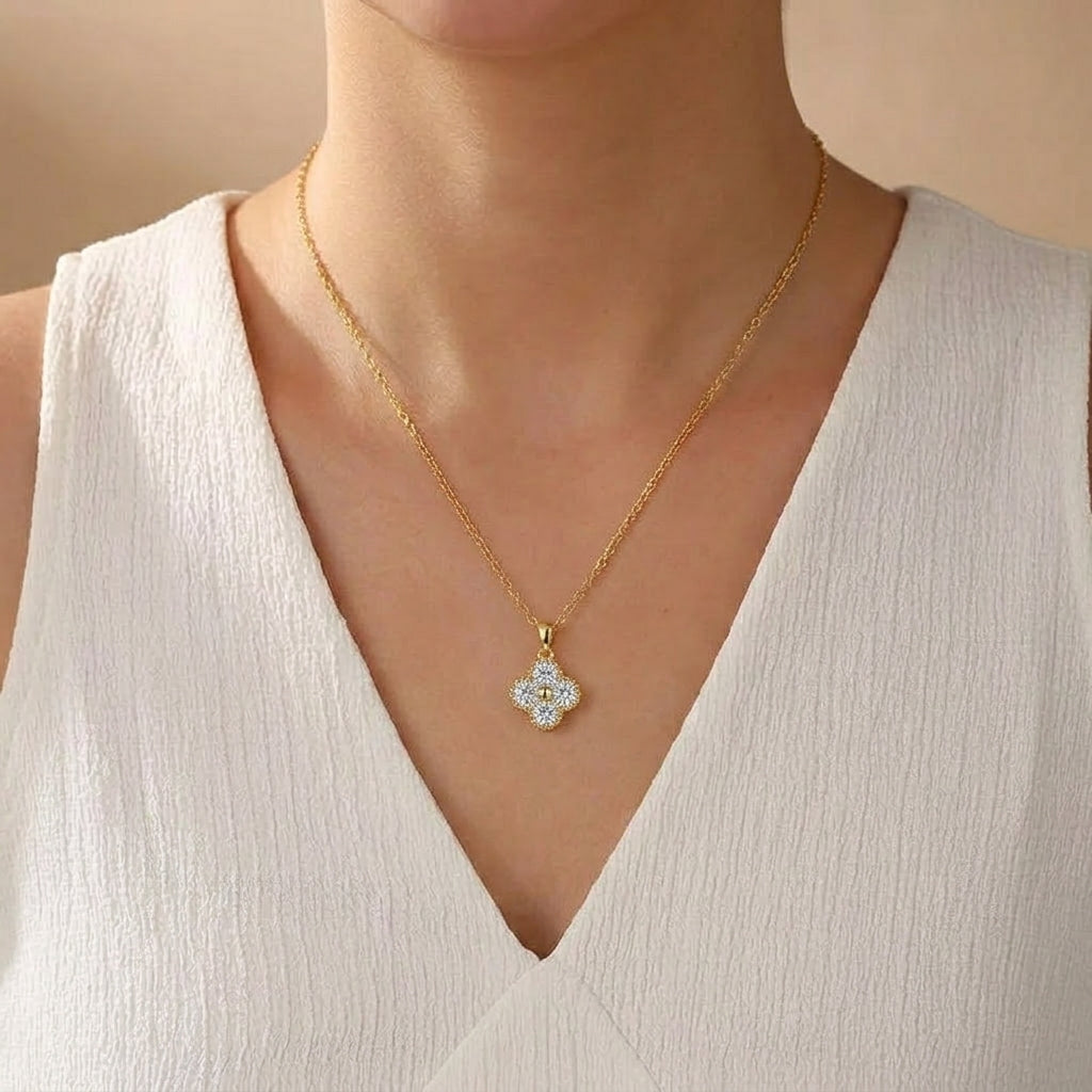 18K Gold Plated 925 Sterling Silver Moissanite Clover Necklace - Allison