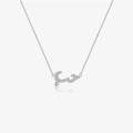 A delicate silver chain necklace featuring a arabic letters pendant embellished with small clear stones, displayed against a light gray background.