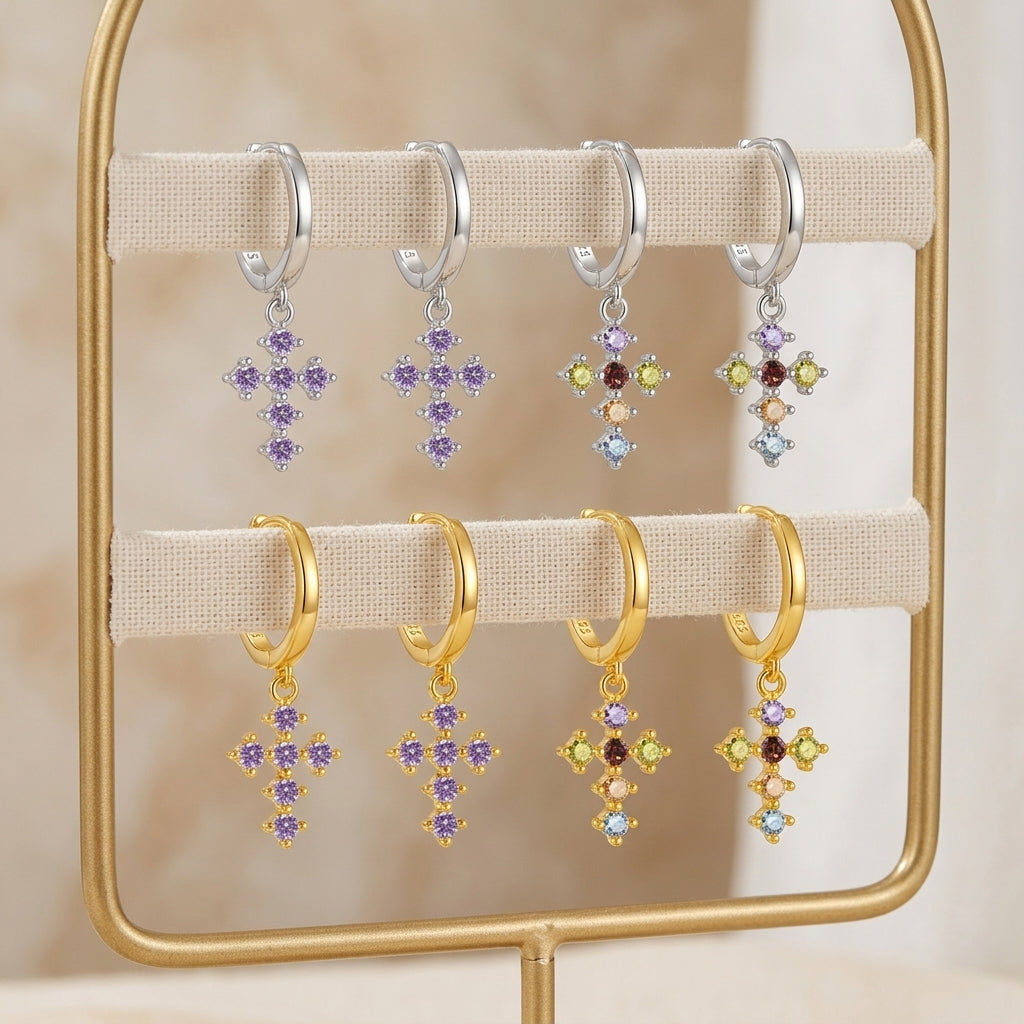 18K Gold Plated 925 Sterling Silver Cross Huggies - Theresa