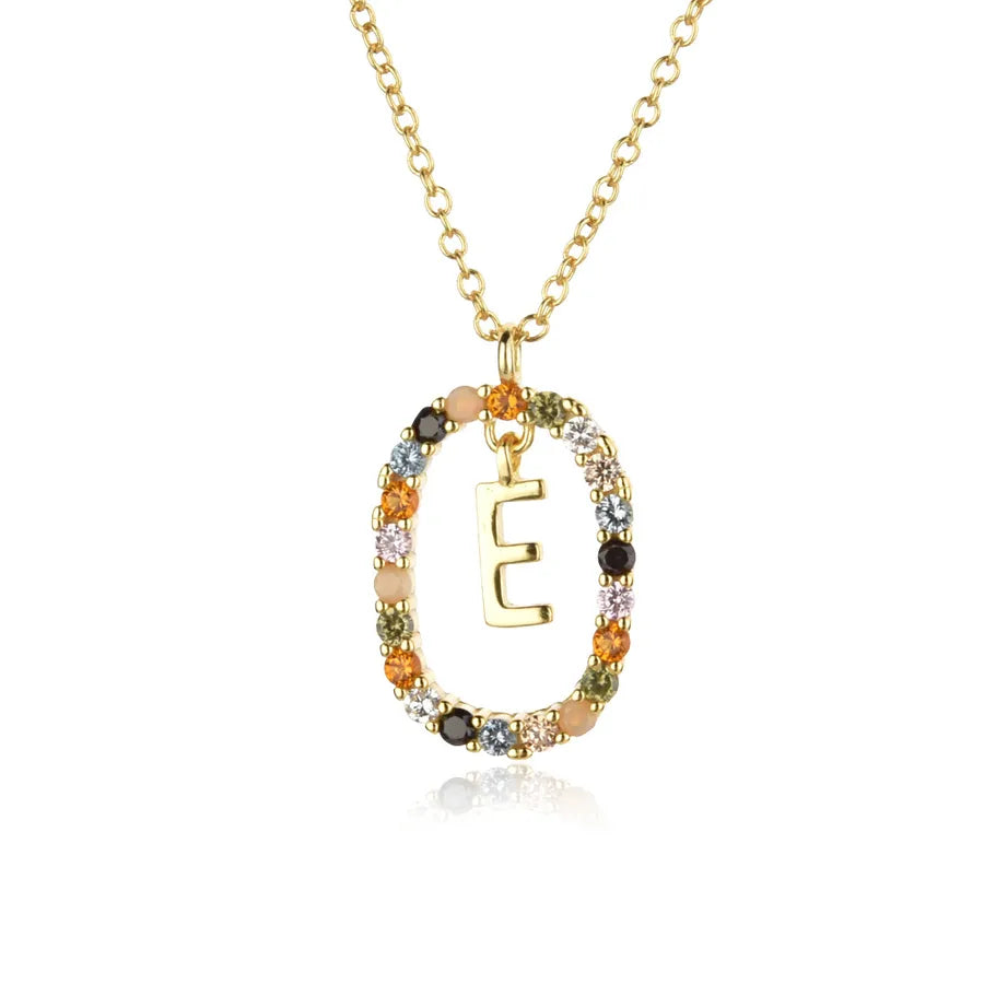 Necklace with a gold 'E' pendant and multicolored beads on a white background