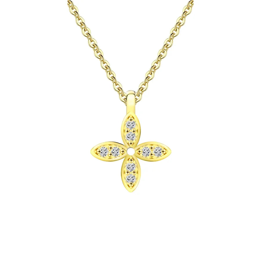 A yellow gold necklace with a four-petal cross pendant, embellished with small clear stones along the edges and a central white pearl, shown against a plain white background.