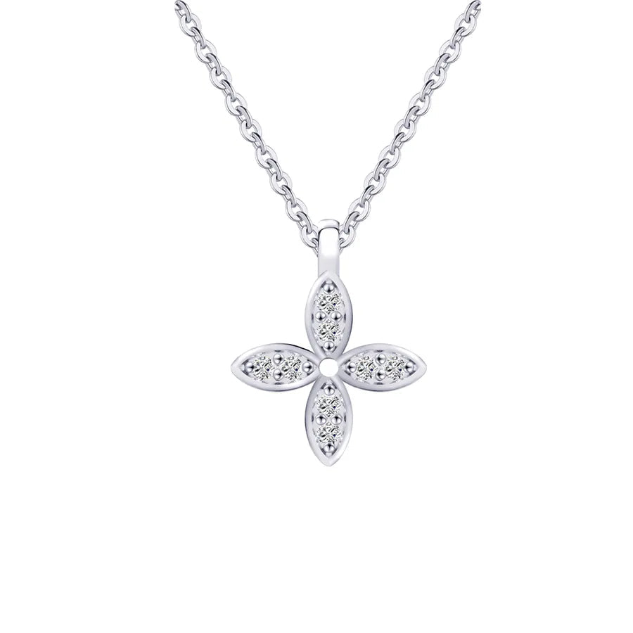 Silver flower-shaped pendant necklace with 'Real Sterling Silver 925' stamp on a white background