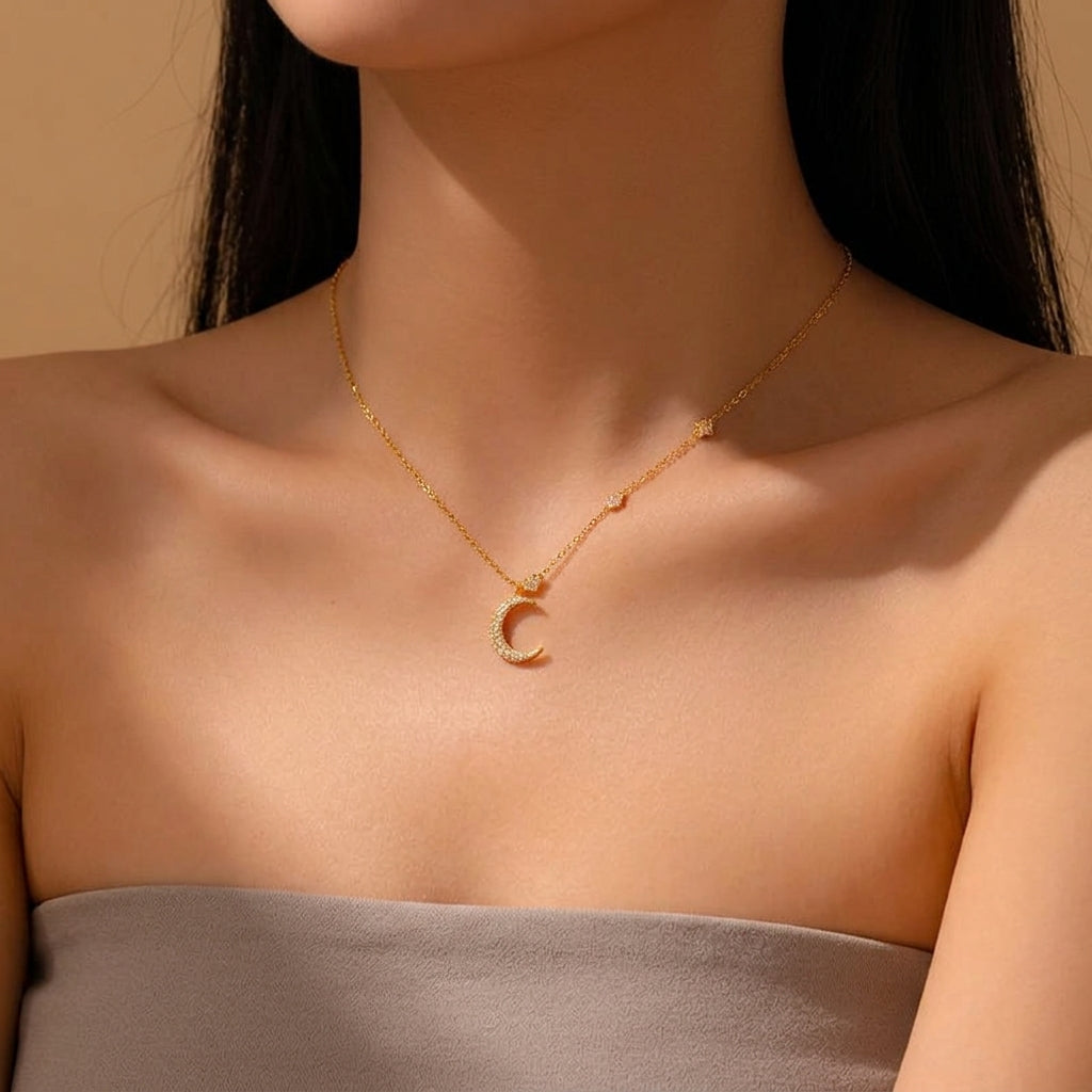 18K Gold Plated 925 Sterling Silver Moon Pendant Necklace - Luna