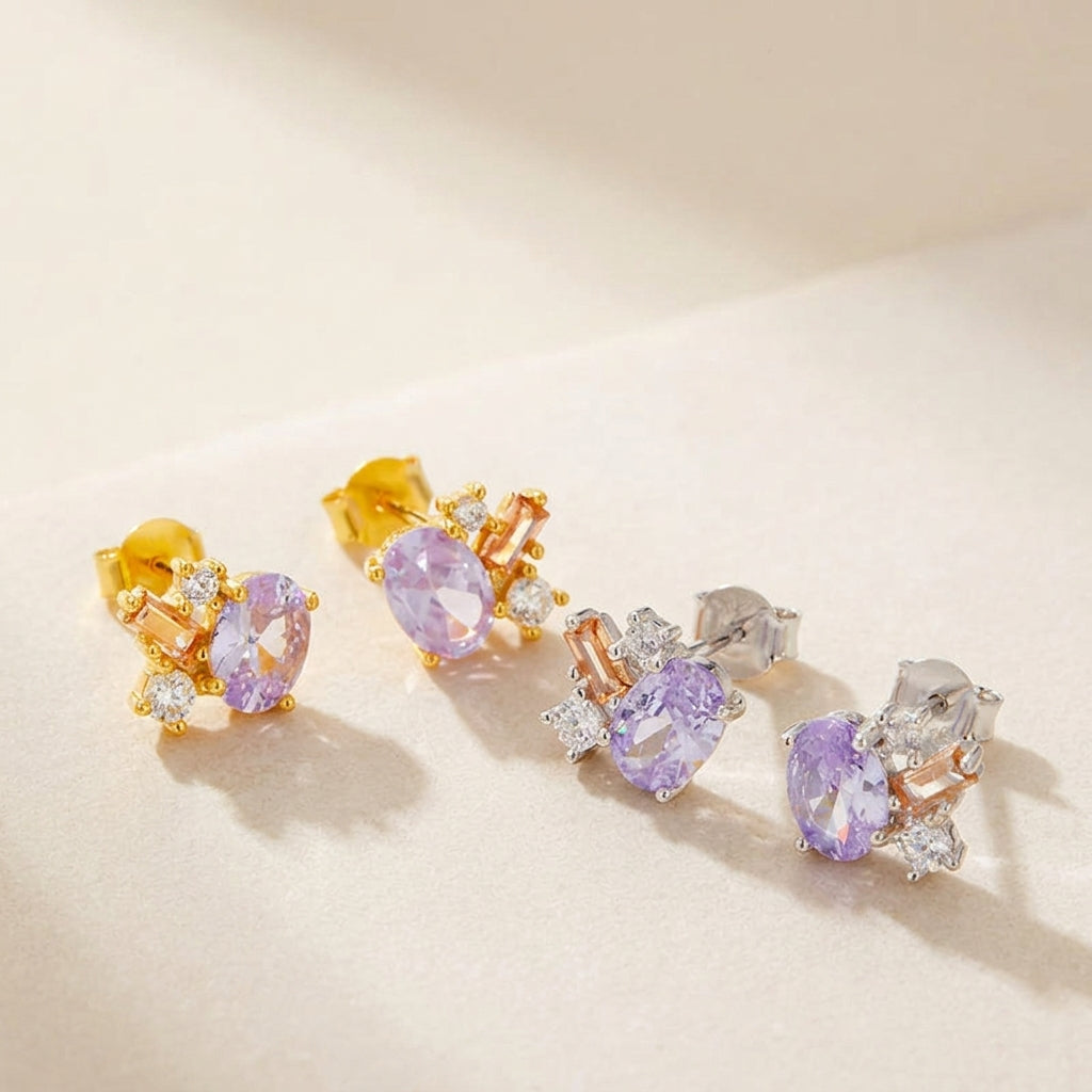 18K Gold Plated 925 Sterling Silver Amethyst Earrings - Evelina
