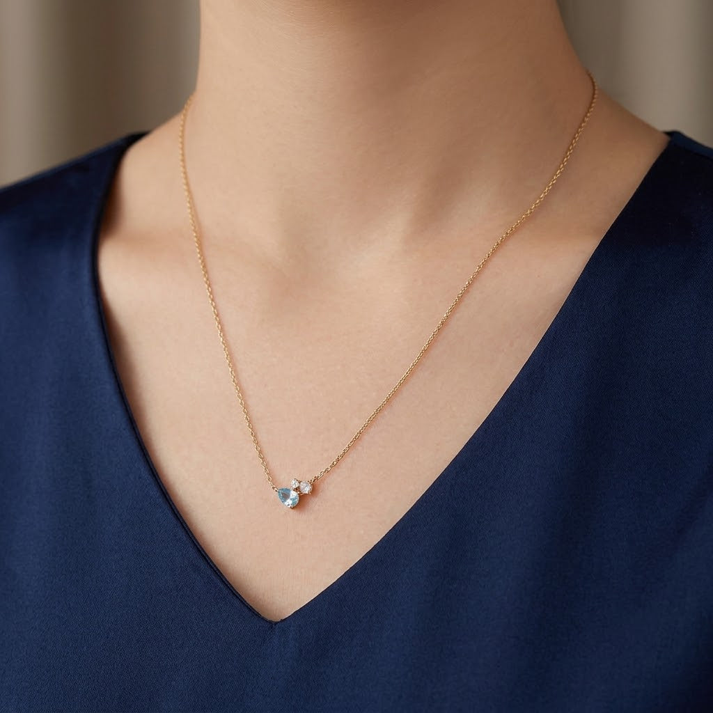 14K Gold Plated 925 Sterling Silver Aquamarine Necklace - Sky